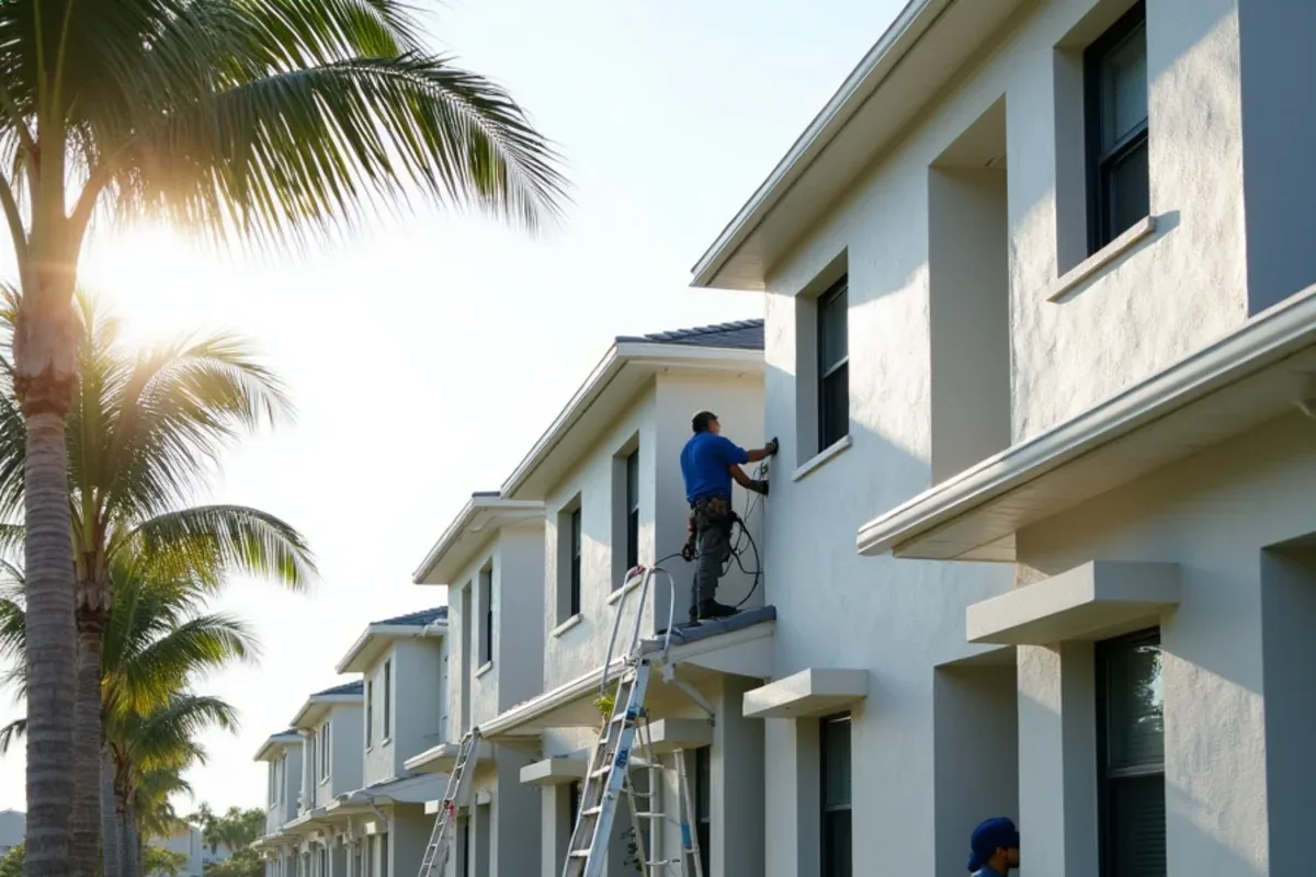 White K-style gutter blending into the fascia of a modern two-story stucco townhome