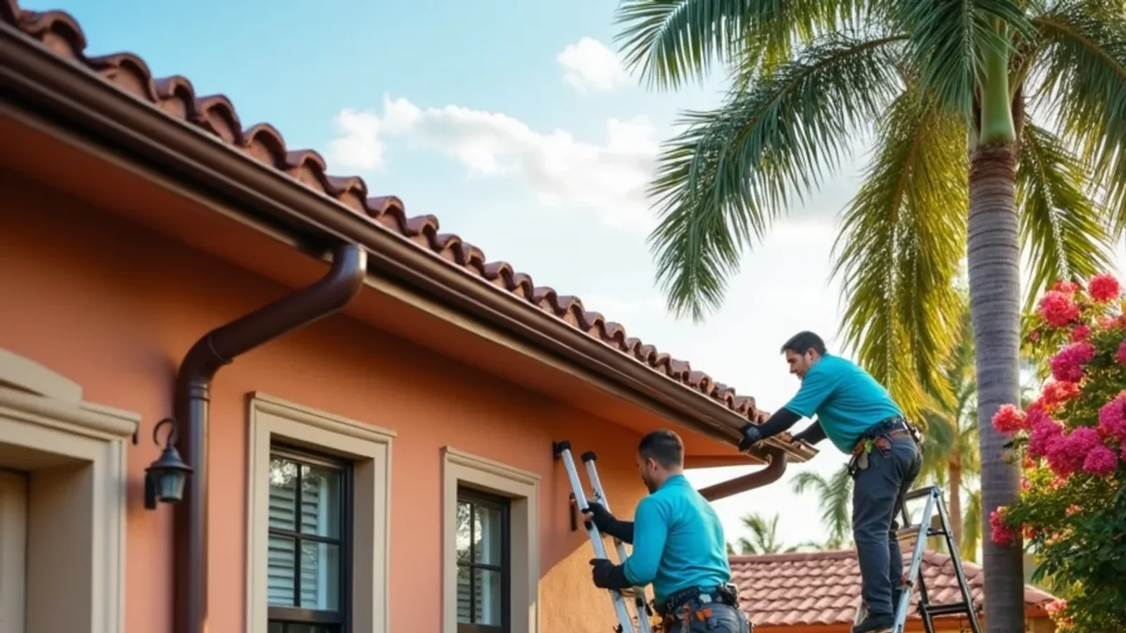 Bronze half-round gutters and round downspouts on a coral stone Mediterranean Revival house