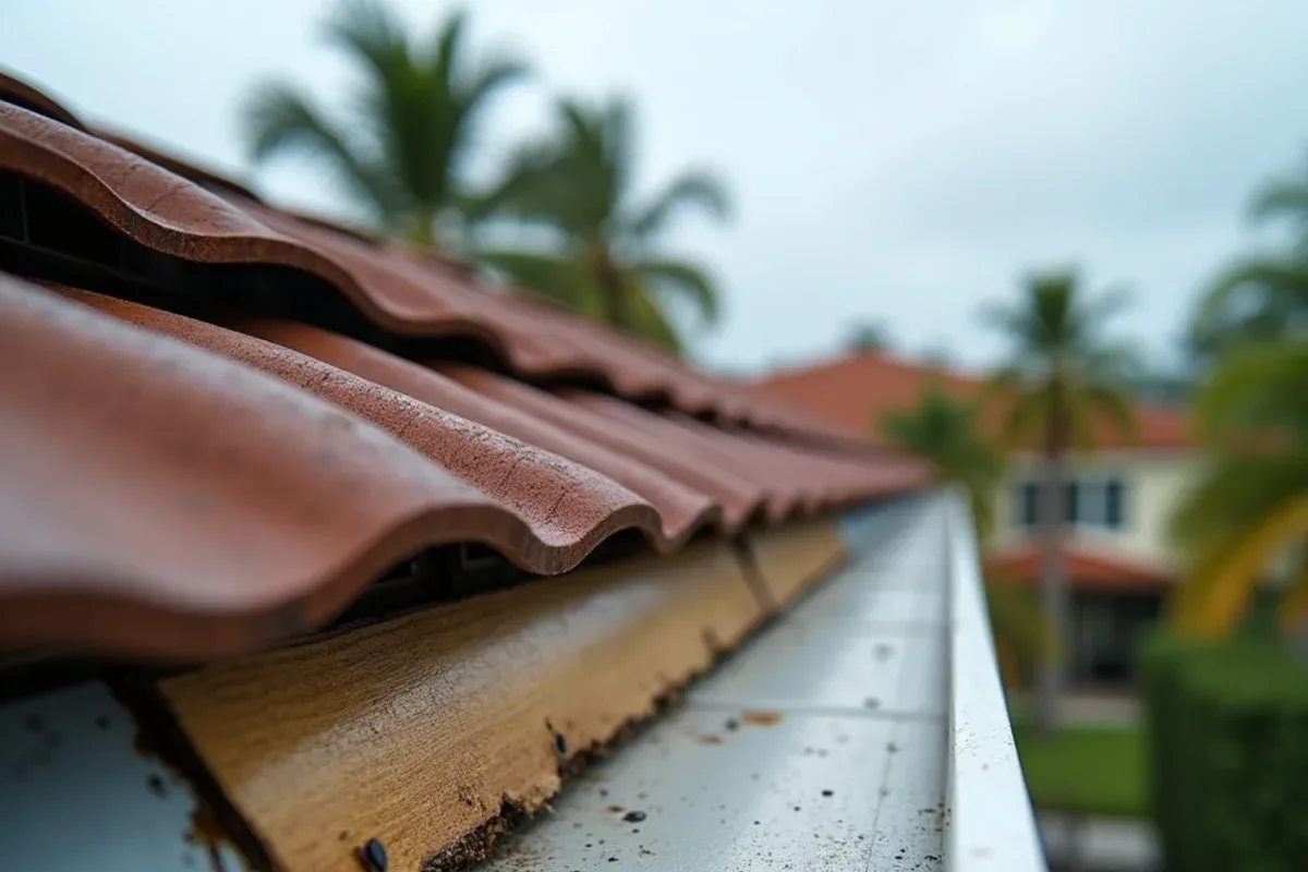 Bare cracked fascia board and bent drip edge where a gutter tore away in hurricane winds