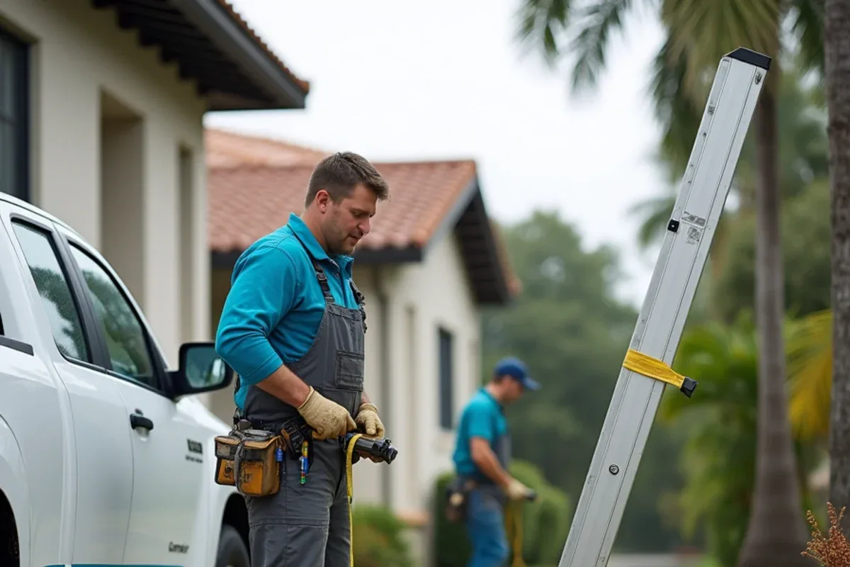 Storm repair technician measuring a damaged gutter run for an itemized post-hurricane estimate