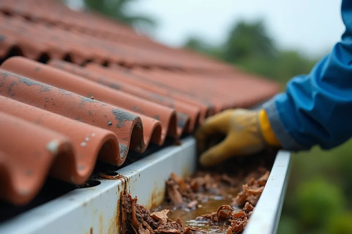 Shredded palm fronds and broken tile pieces packed in a gutter that survived hurricane winds