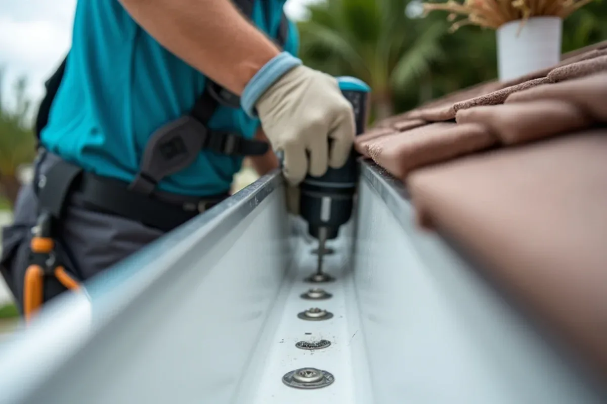 Closely spaced hidden gutter hangers with stainless-steel screws inside a new aluminum gutter