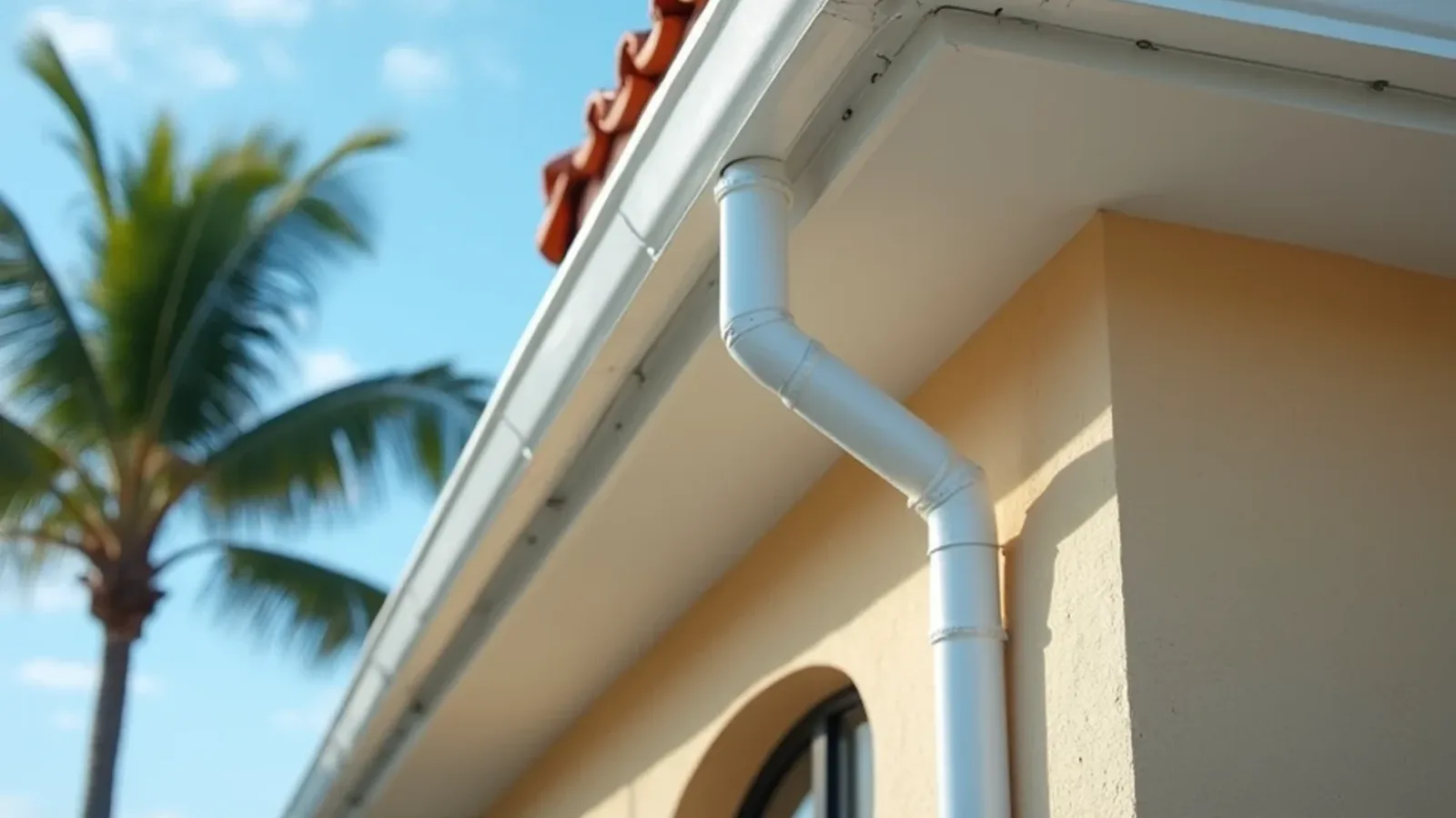 New seamless gutter fastened under a barrel tile roof edge on a Miami-Dade style home