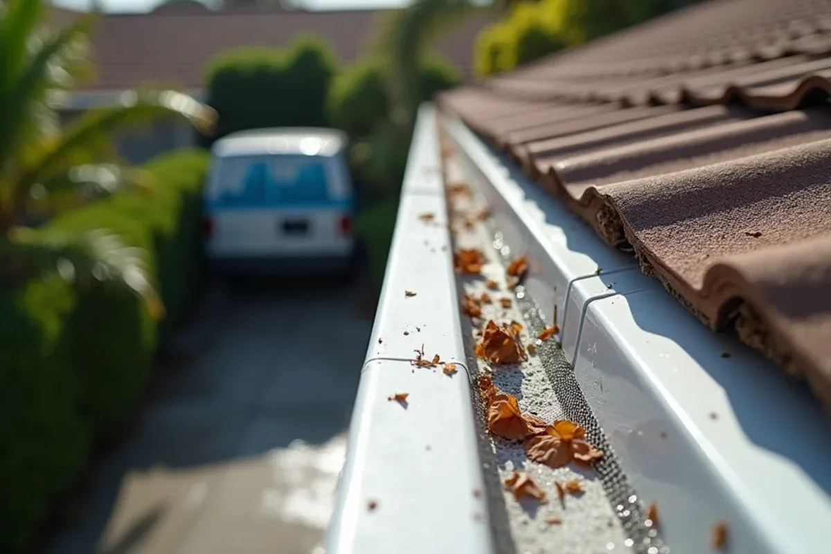 Screw-fastened mesh guard still secure on a gutter after a tropical storm with scattered leaves