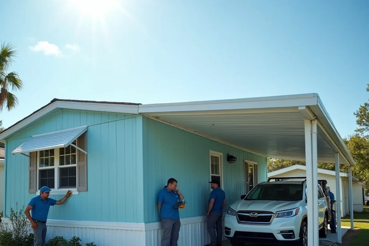 Double-wide mobile home with gutters on both the roof-over and attached carport
