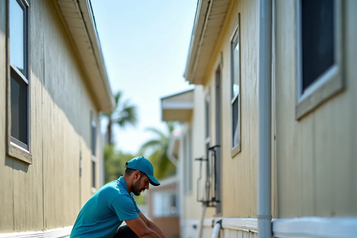 Downspout routed away from the neighbor along the skirting of a mobile home