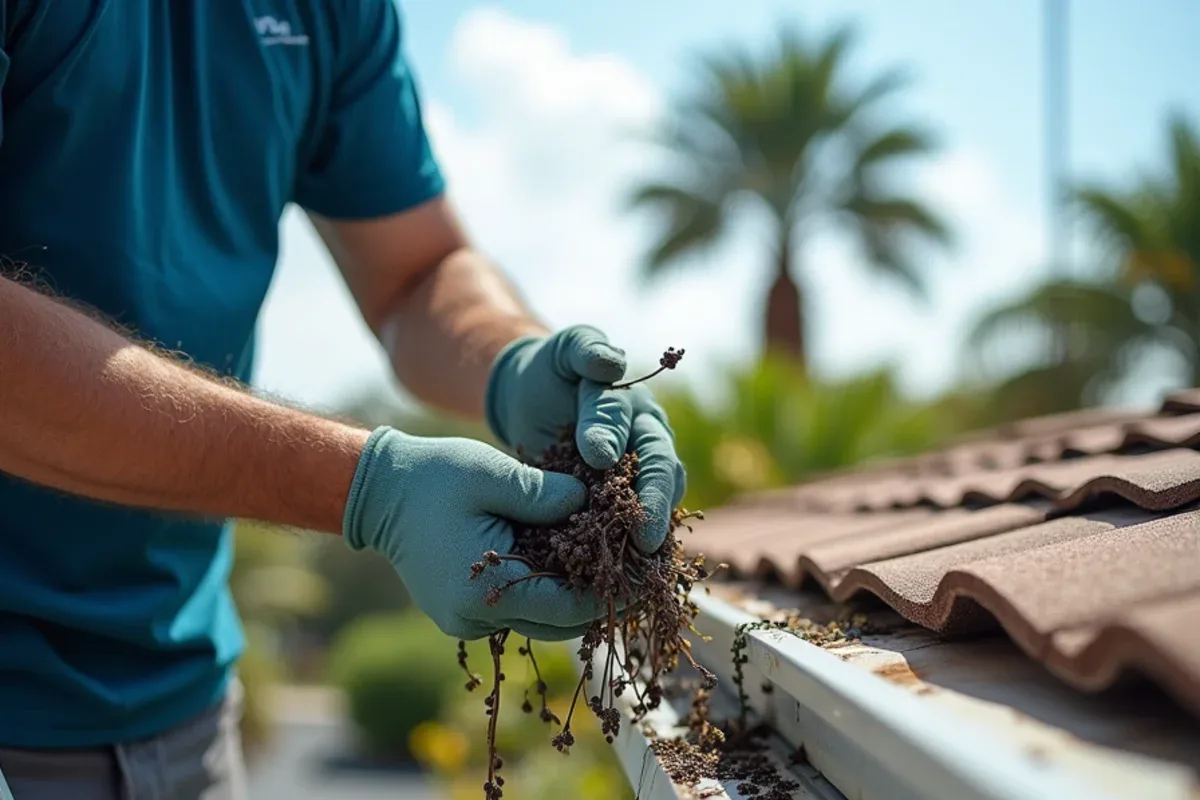 Gloved hand scooping wet leaves and palm seeds from a gutter during hurricane season prep