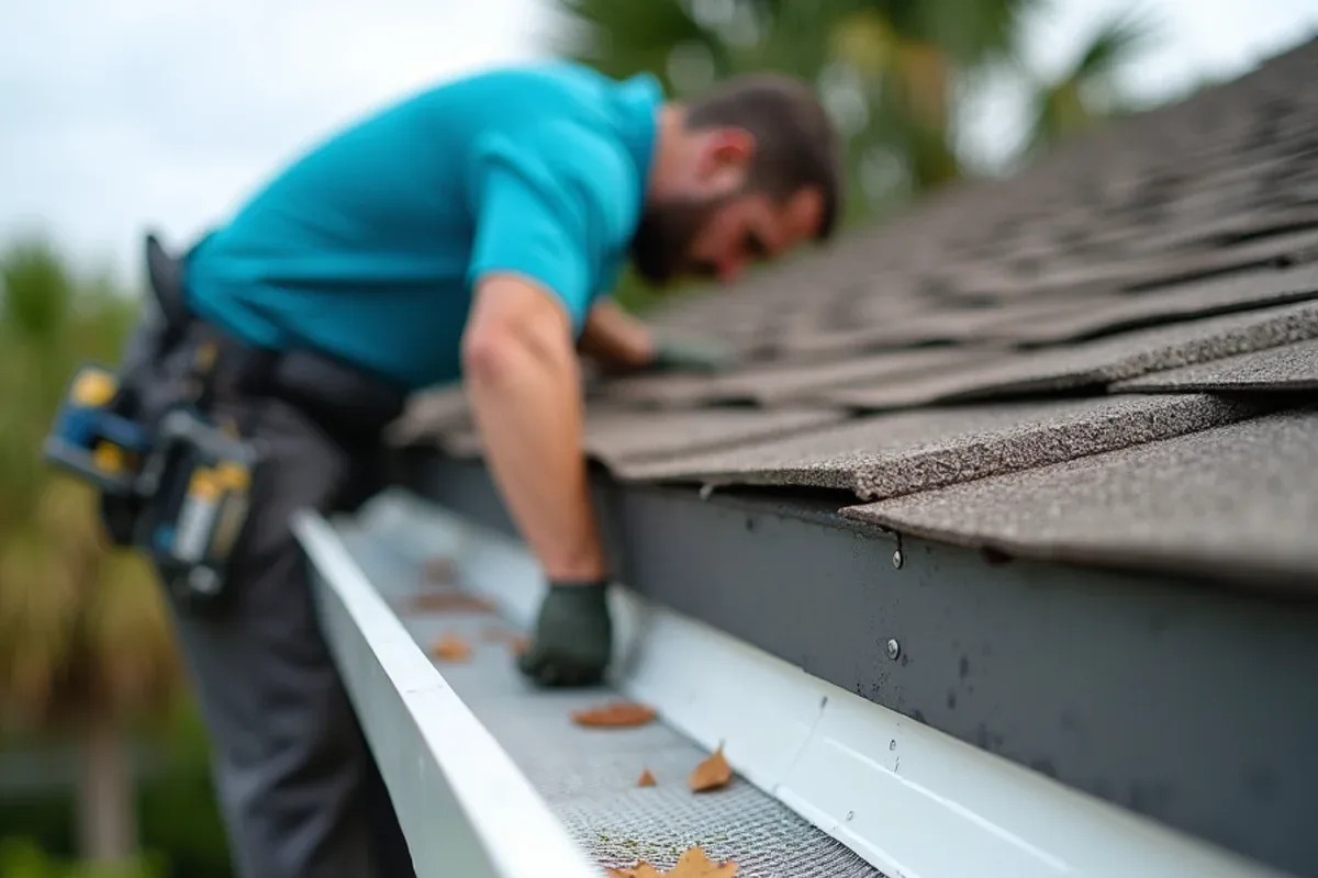 Micro-mesh gutter guard screwed firmly to a gutter lip ahead of hurricane winds