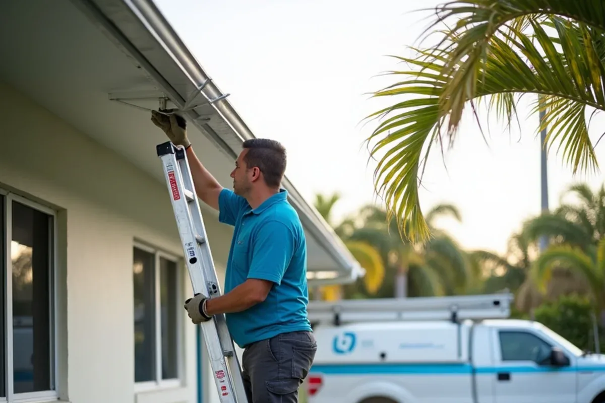 Technician checking gutter hangers at a vacant rental during turnover