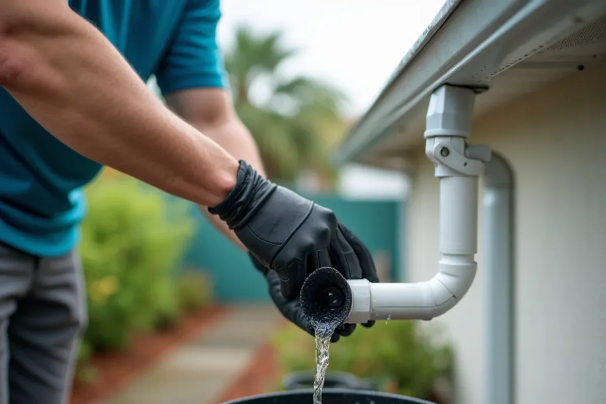 Close view of a downspout diverter sending rainwater through a hose into a barrel