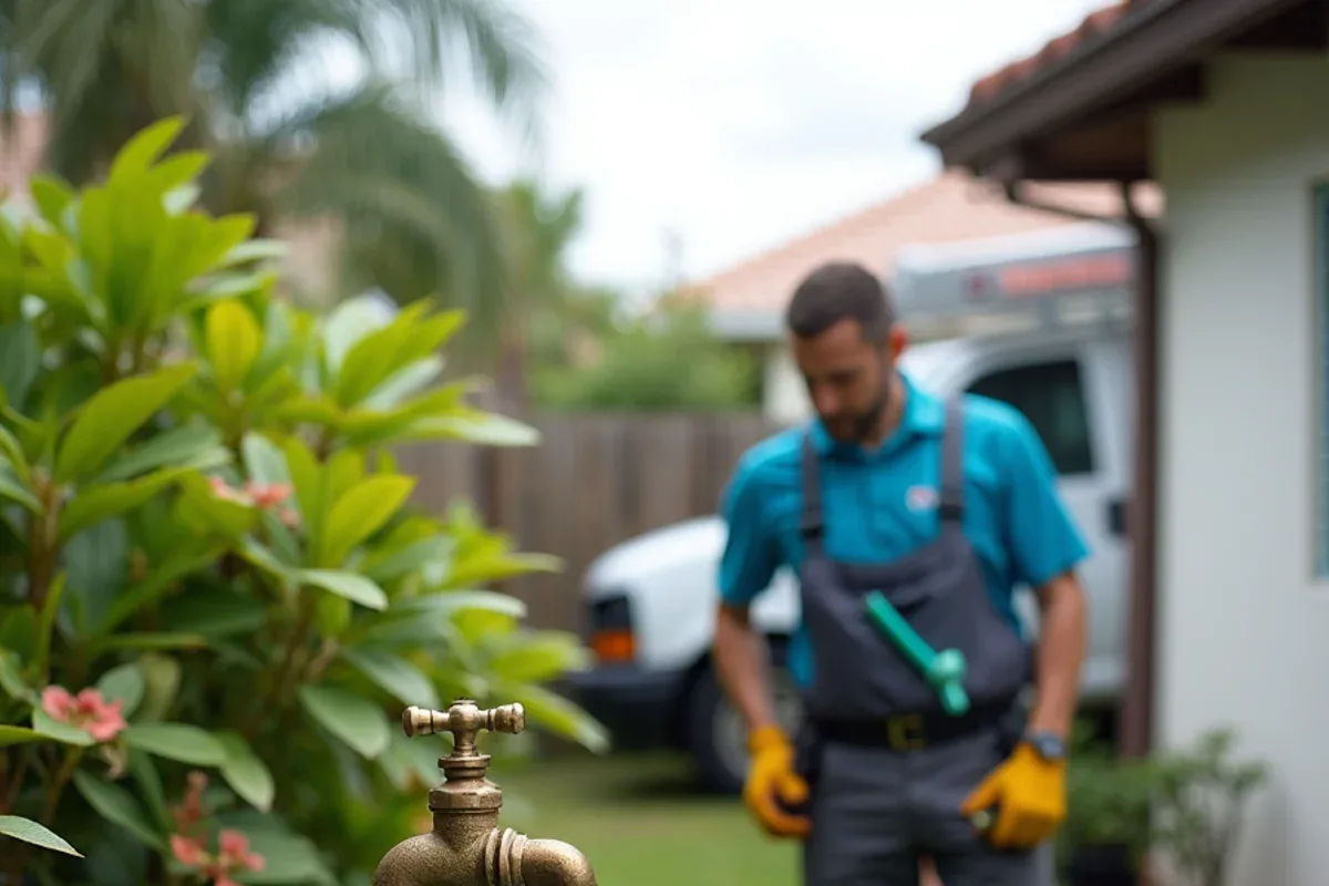 Rain barrel spigot draining onto a garden bed ahead of a tropical storm