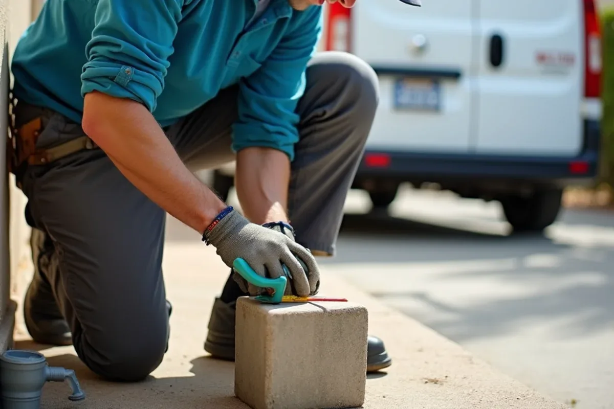 Installer measuring a downspout to cut in a rain barrel diverter at the right height