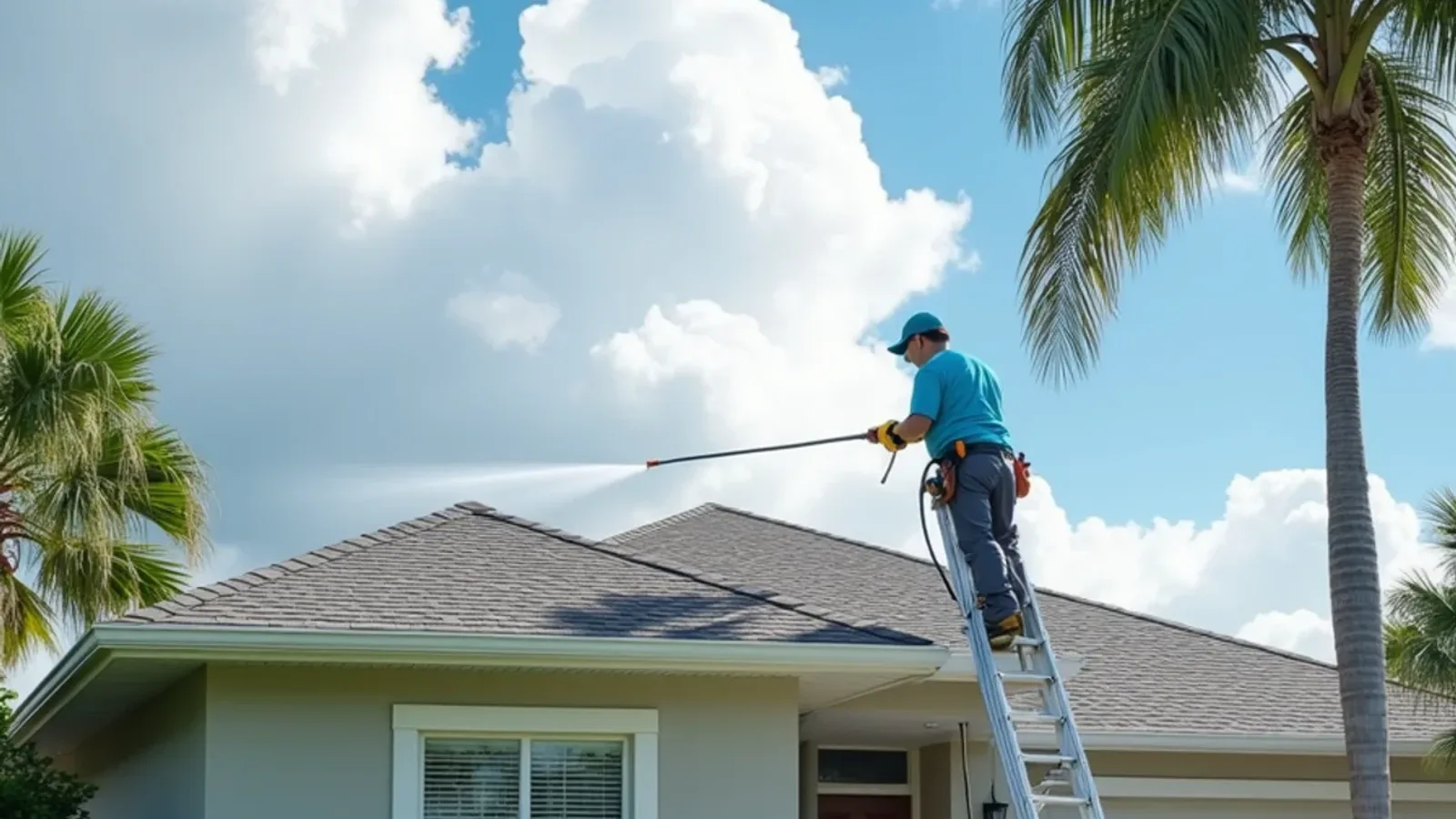Technician flushing freshly cleaned gutters as rainy-season clouds build over a South Florida home