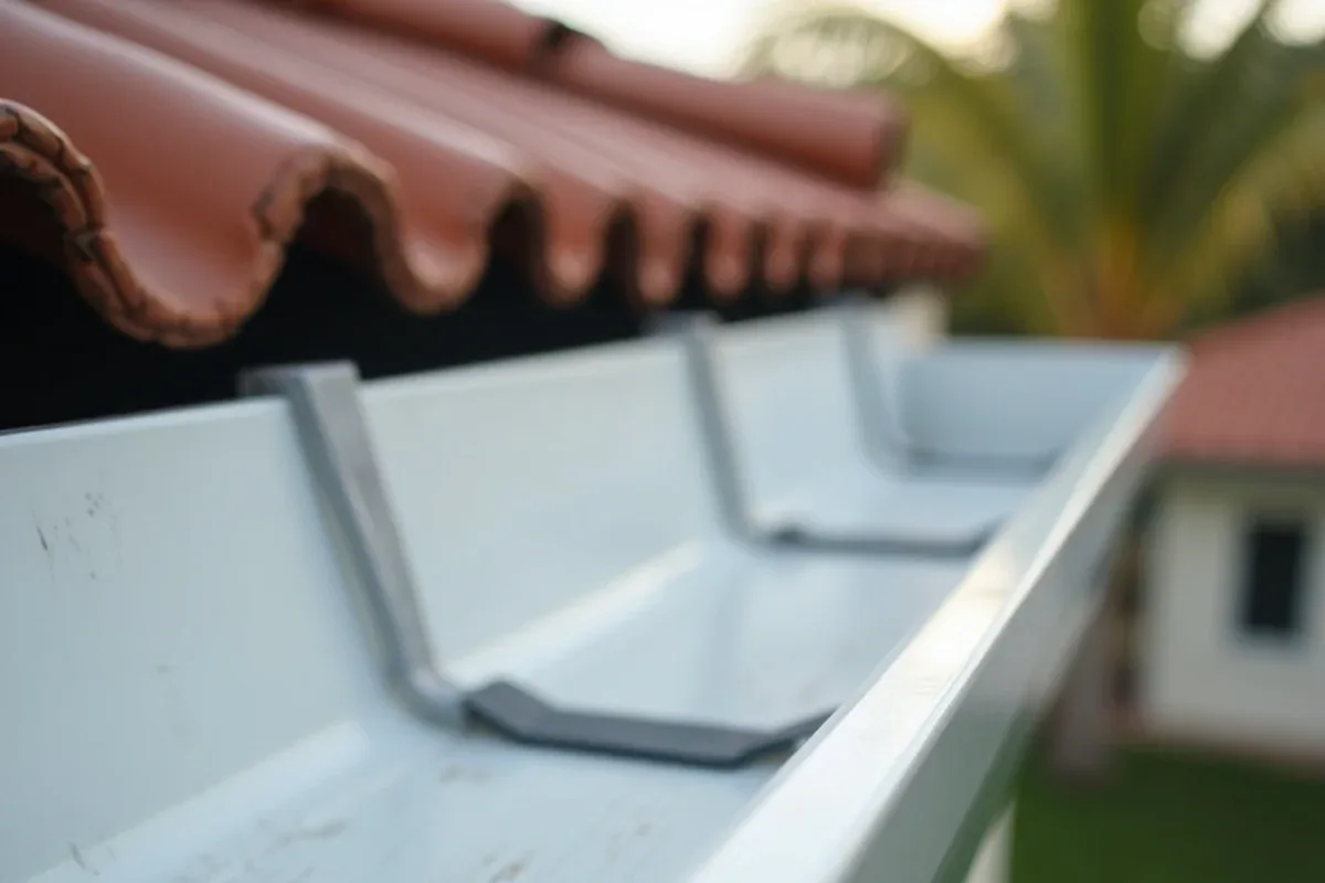 Dark vertical tiger stripes on the face of a white aluminum gutter below a seam