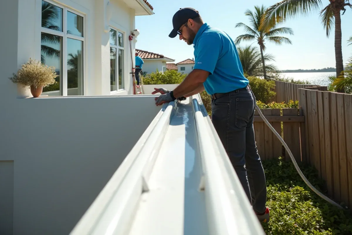 Coastal two-story home with freshly whitened gutters facing the ocean breeze