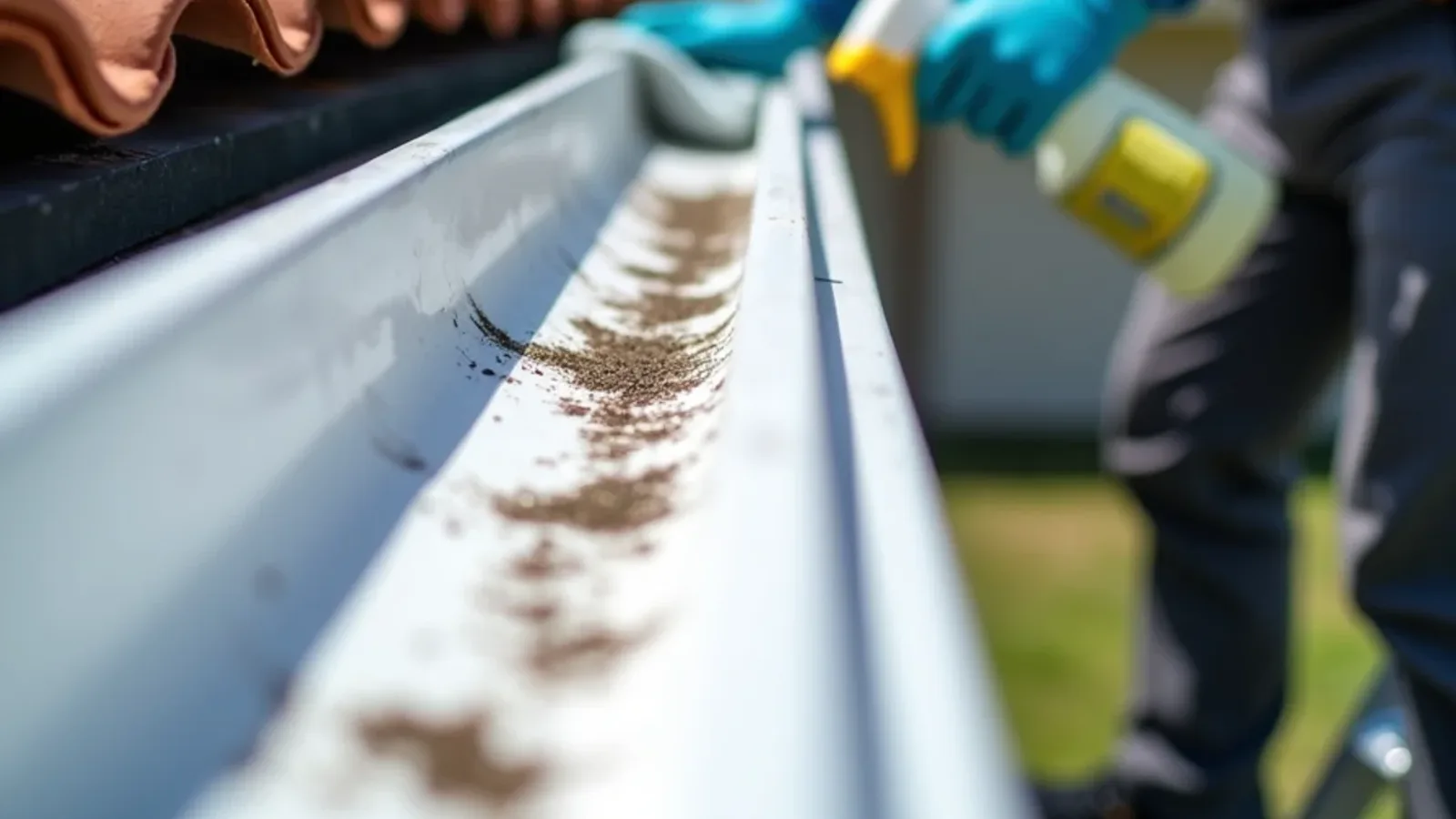 Gloved hand wiping a clean band through dark tiger stripes on a white gutter face
