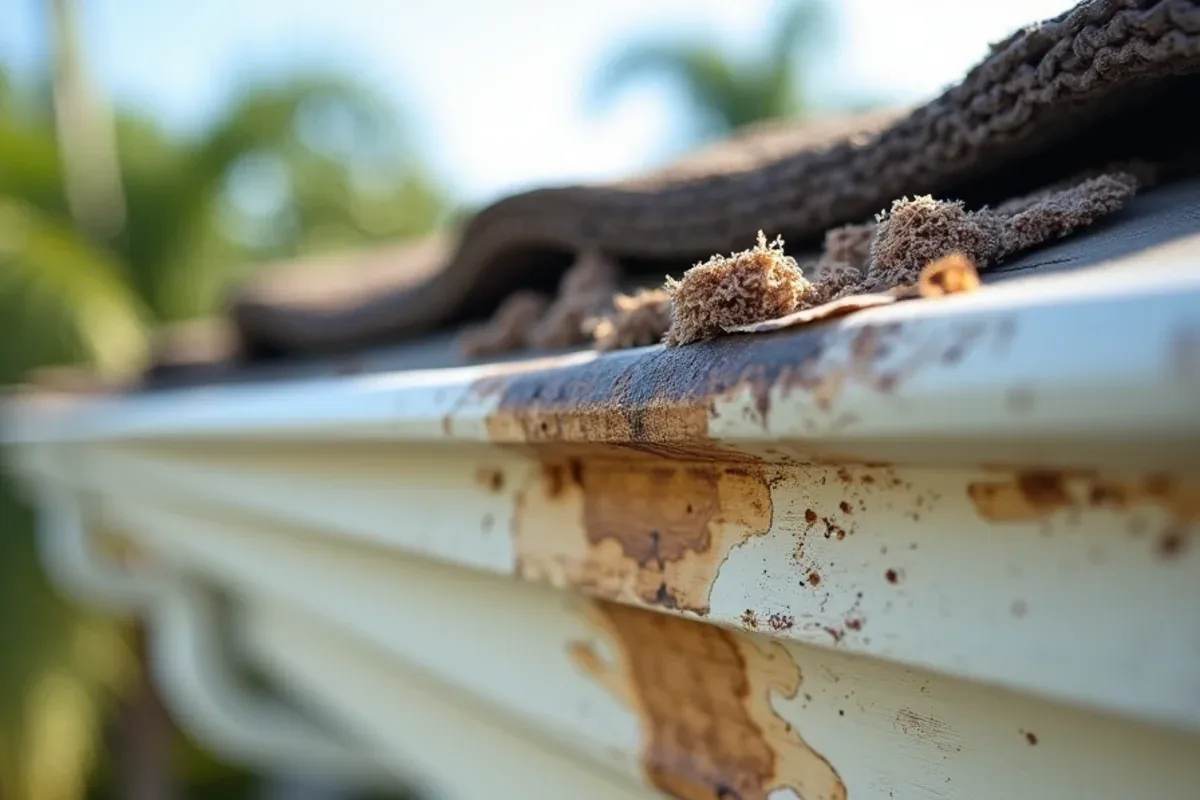 Wood fascia below a gutter seam with blistered paint and dark water staining