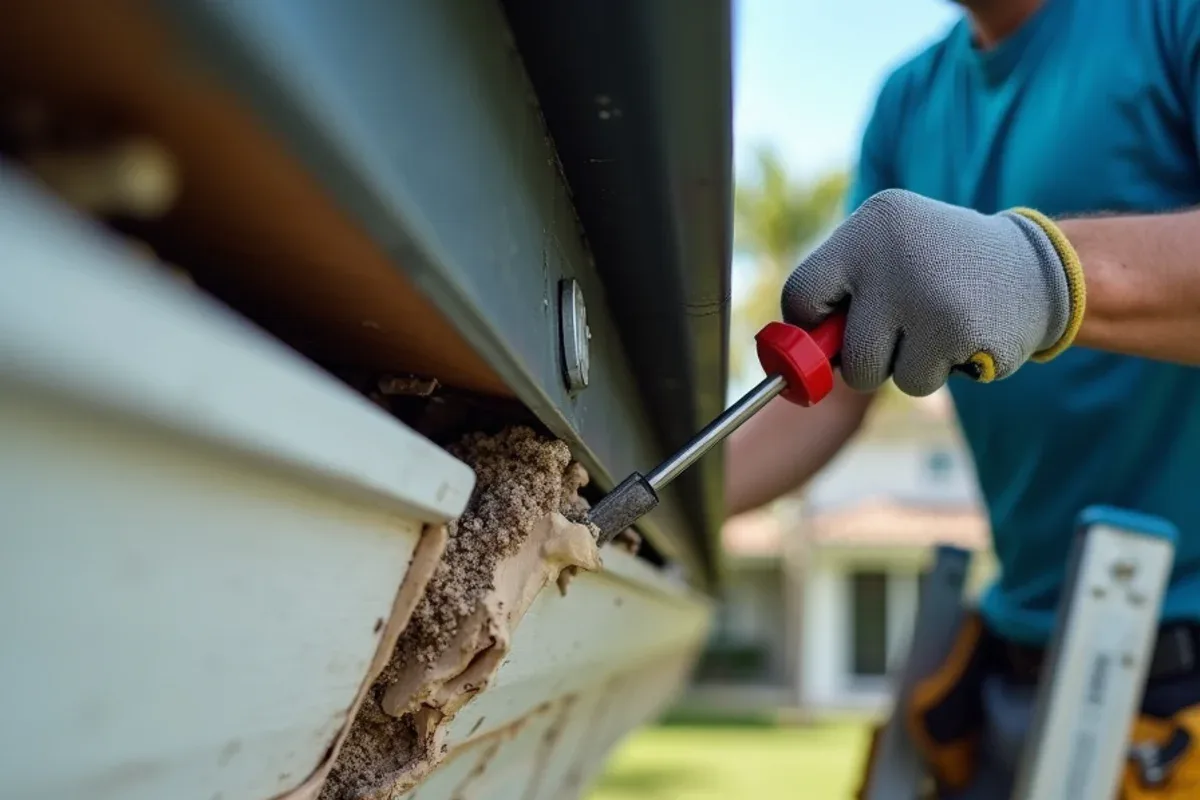 Gloved hand pressing a screwdriver into a soft rotted section of fascia