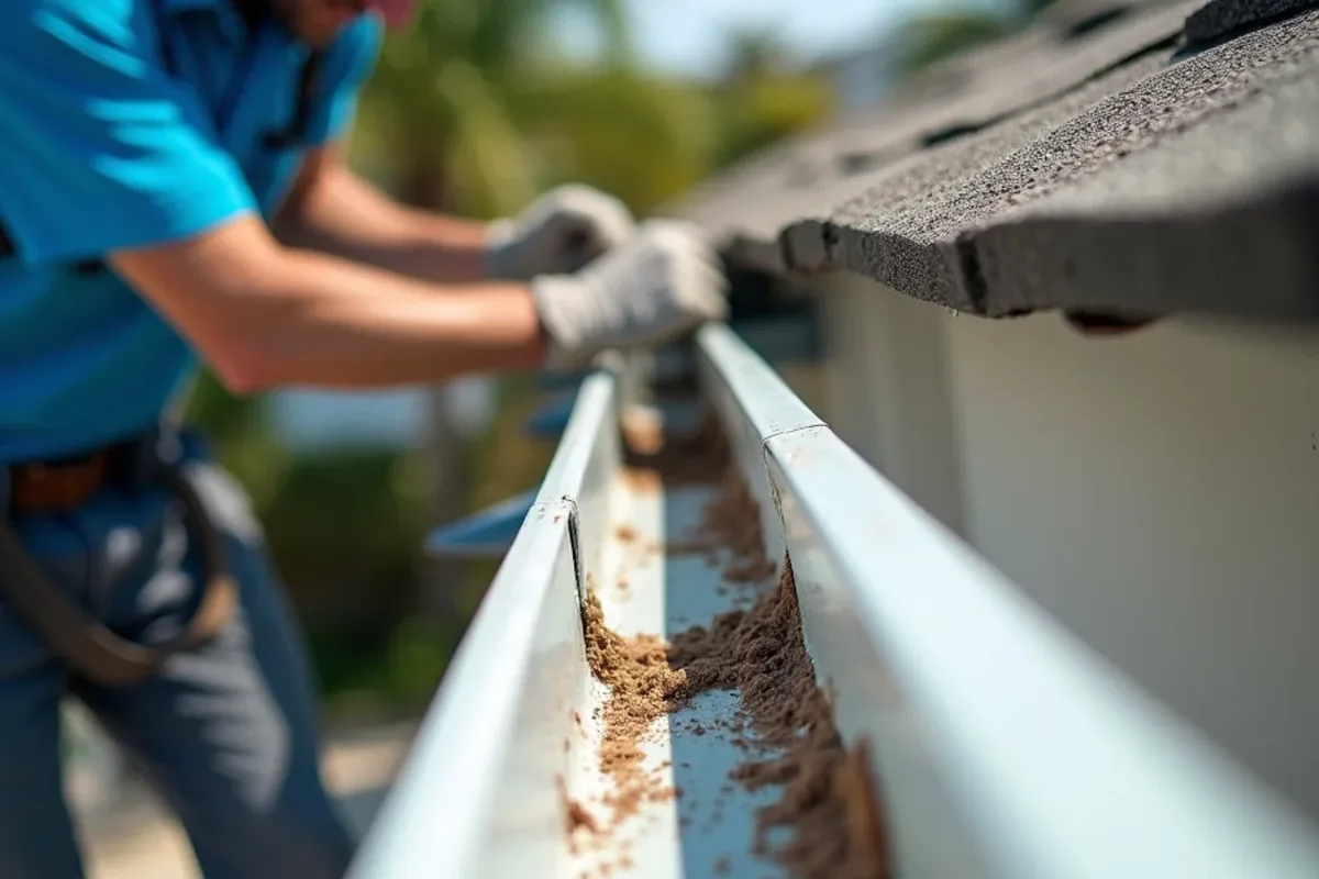 Gutter pulling away from a wood fascia board with a clear gap and loose spike