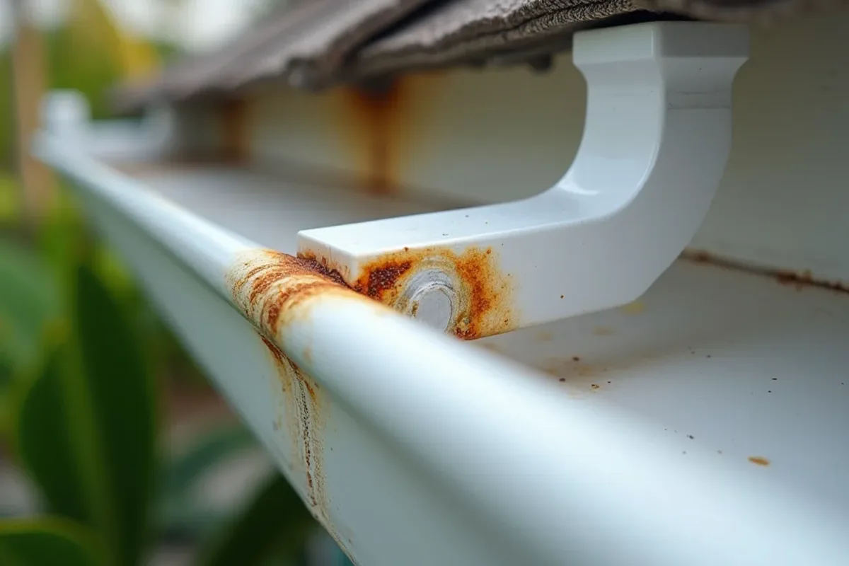 Orange rust streak running down a white gutter from a corroded plated screw near the beach