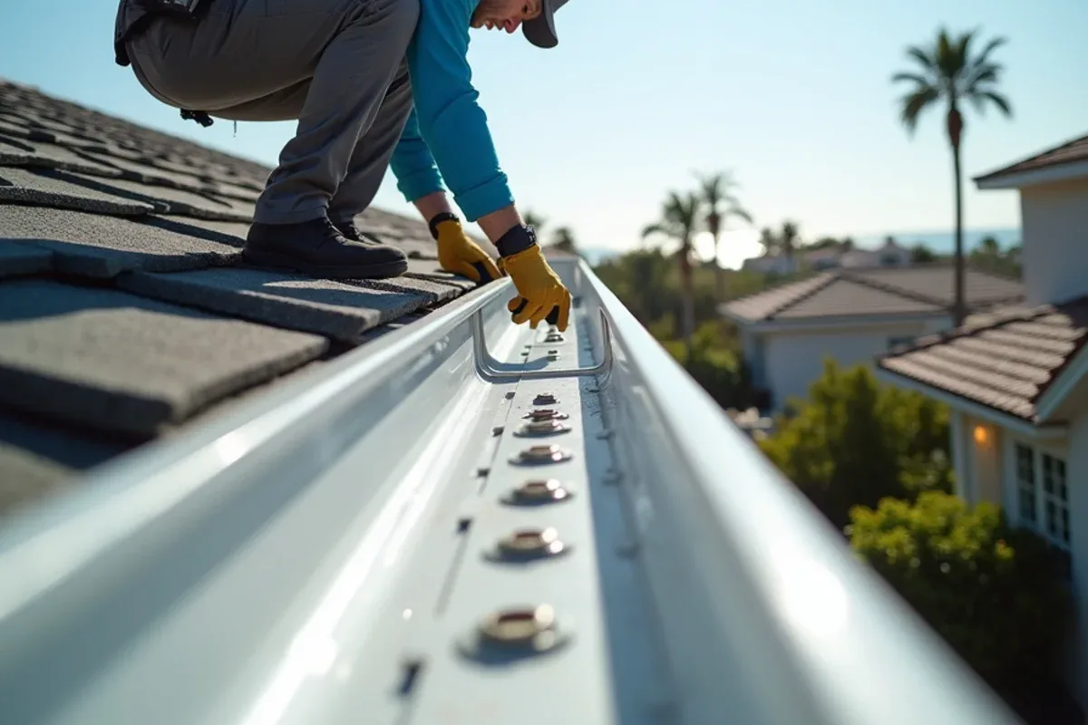 Bright stainless-steel screws holding hidden hangers inside a new gutter on a beachfront house