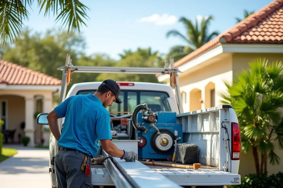Portable roll-forming machine pushing out a continuous seamless gutter beside a work truck