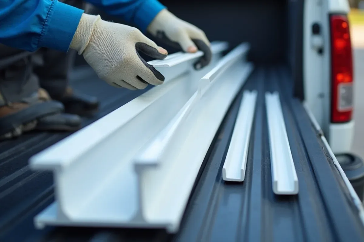 Six-inch and five-inch K-style gutter offcuts held side by side to compare their size
