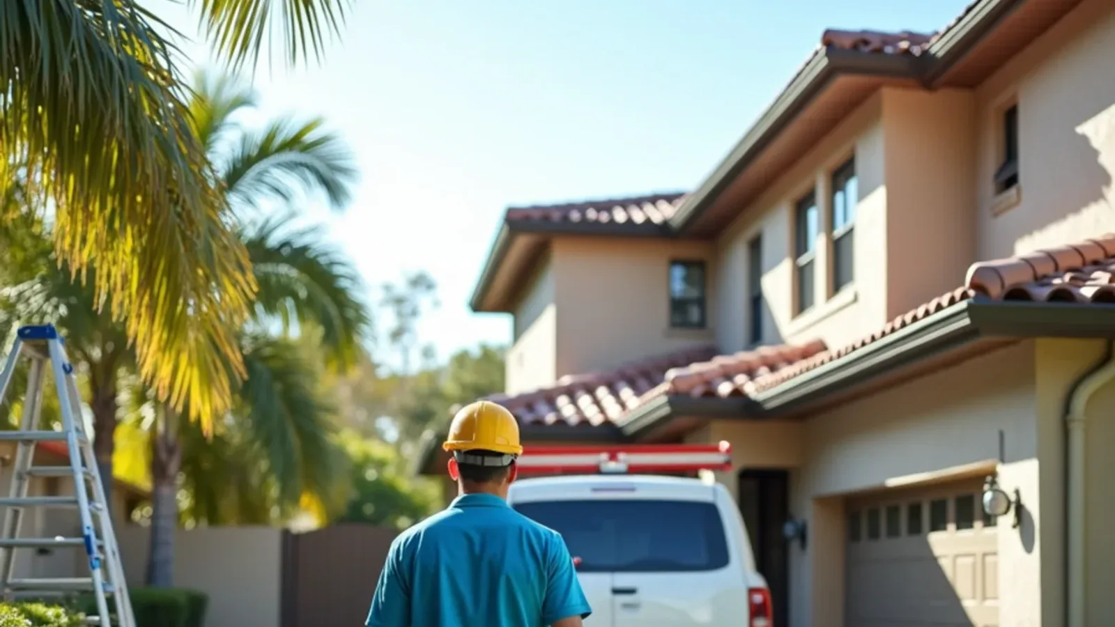 Estimator measuring the eave runs and corners of a two-story stucco home for a seamless gutter quote
