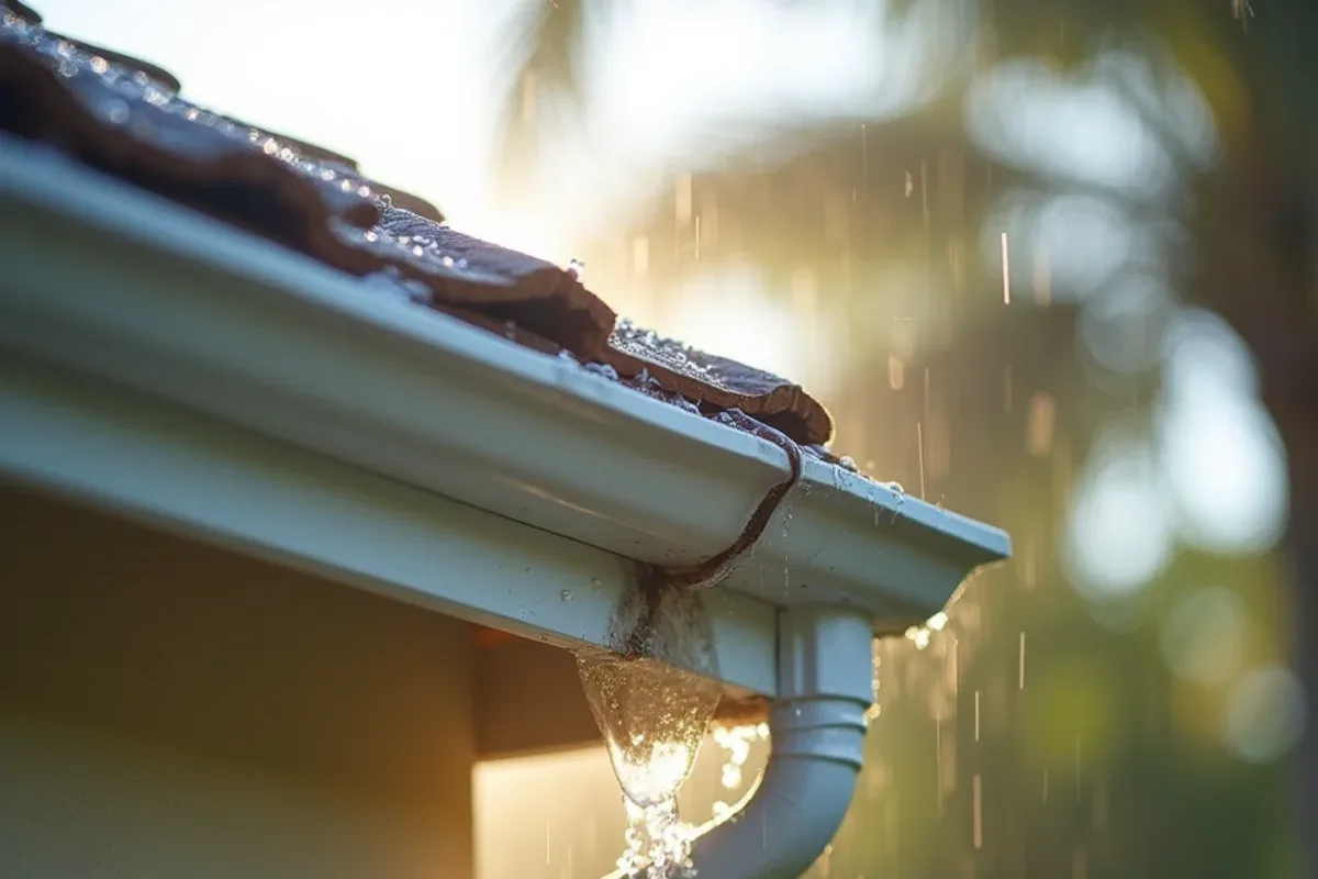 Rainwater spilling over the outside corner miter of a clogged aluminum gutter