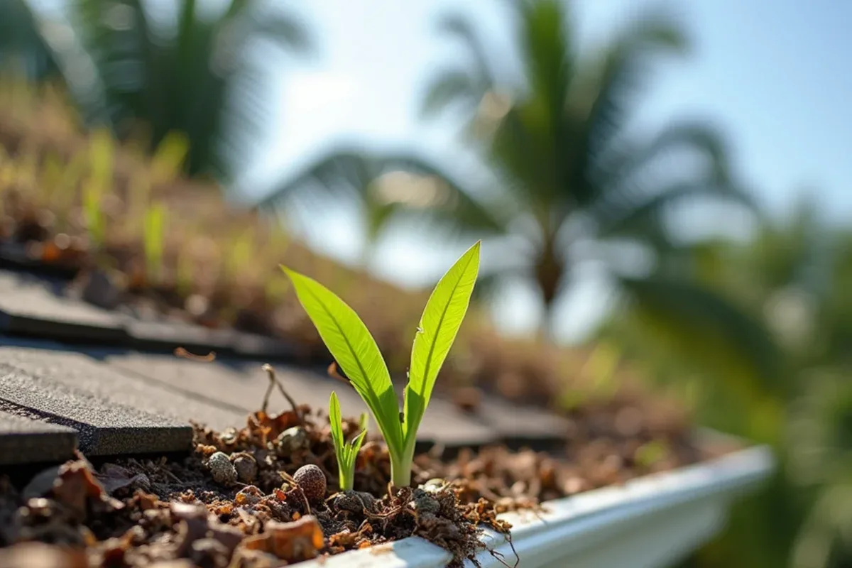 Small tree seedling and grass sprouting from a debris-filled residential gutter in Broward