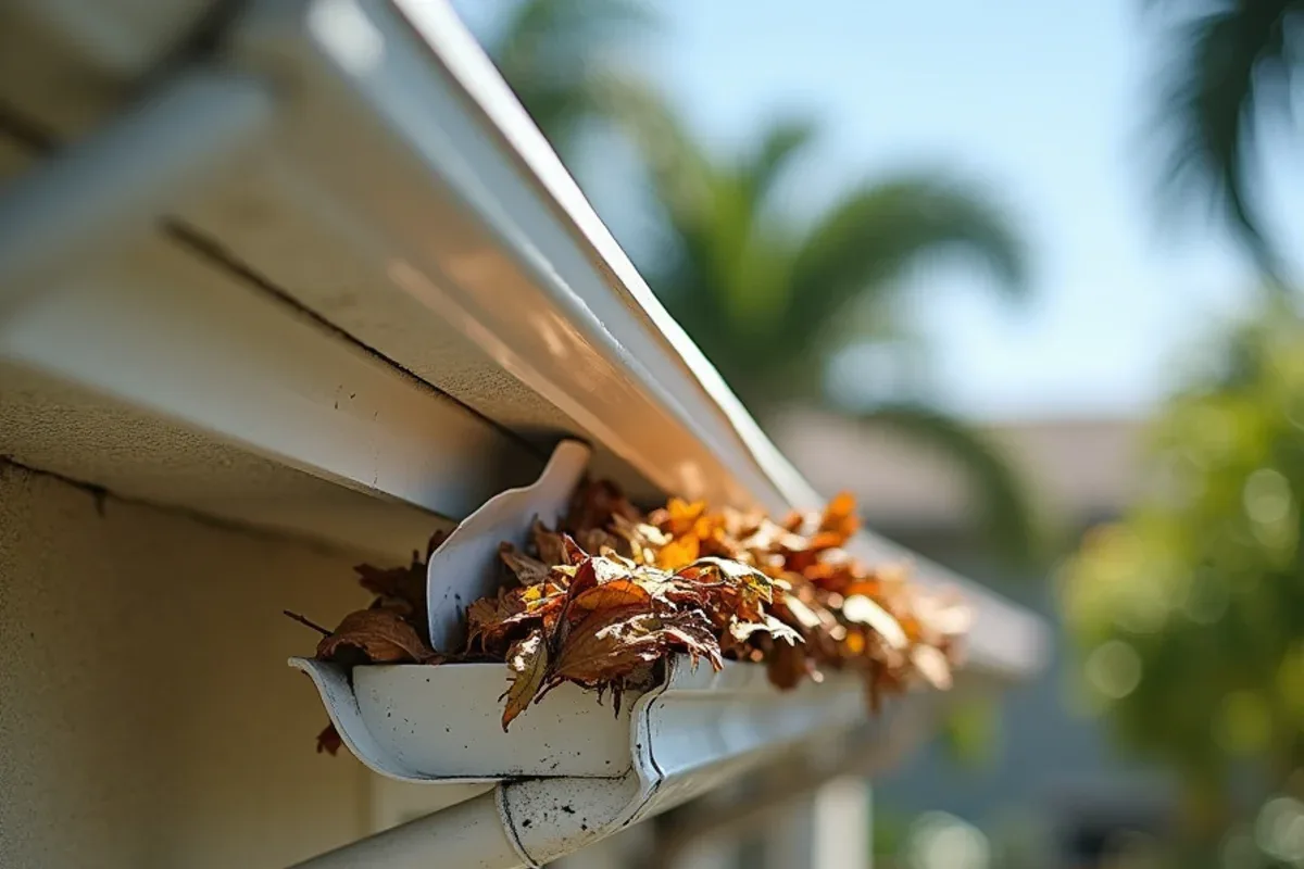 Aluminum gutter bowing mid-run and pulling from the fascia under wet leaf debris