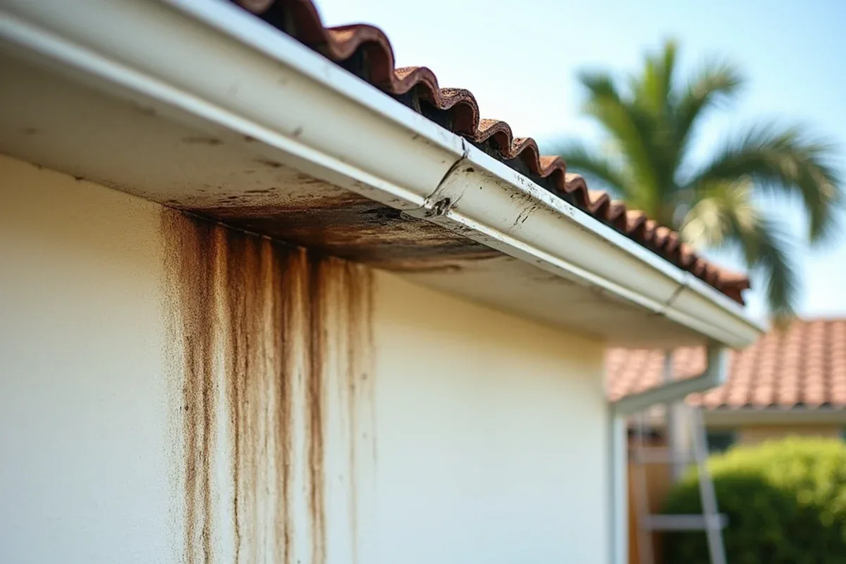 Tea-colored streaks on white stucco and black drip lines on the gutter face above