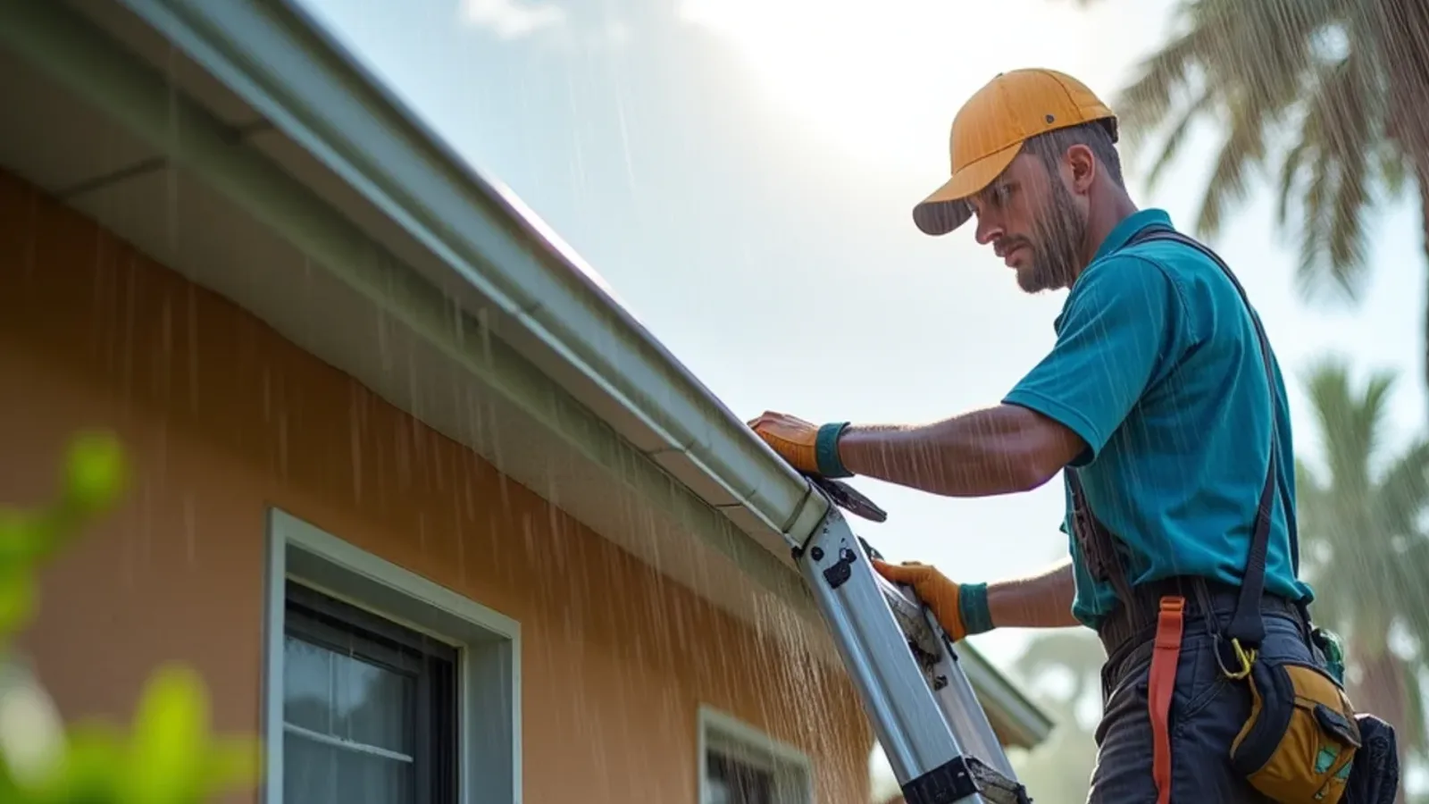 Rainwater sheeting over the front lip of a clogged gutter on a stucco home