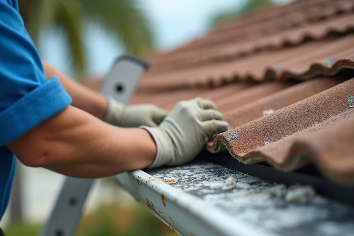 Blistered, flaking paint and chalky residue on the face of an old gutter
