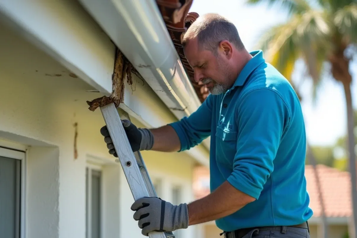 Gutter hanger screw backing out of a soft, rotted fascia board behind an aging gutter