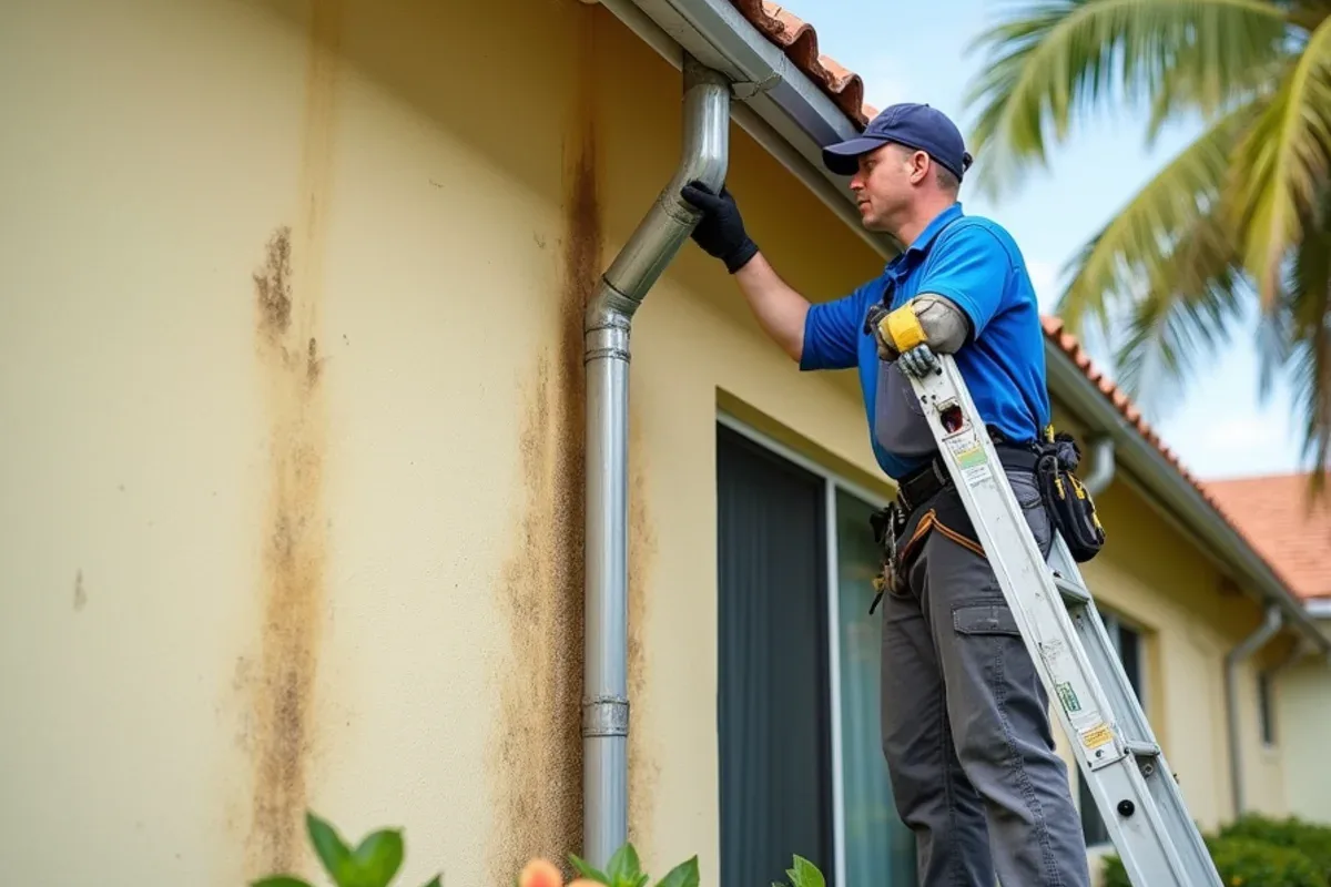 Vertical water streaks and a band of mildew on stucco just below an old gutter