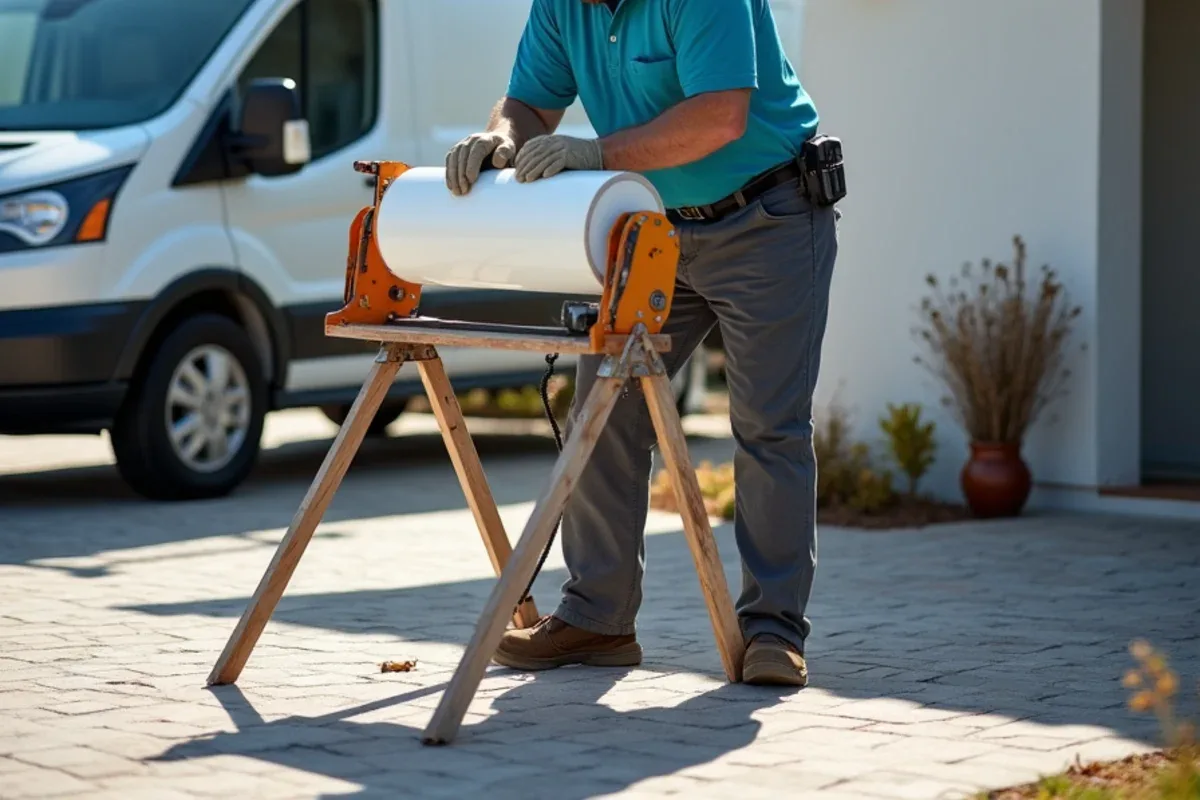 Worker forming white aluminum fascia wrap coil on a portable sheet metal brake