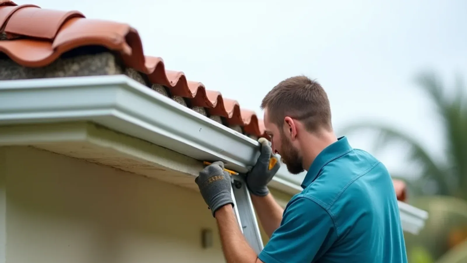 Carpenter measuring a rotted fascia section under a barrel tile roof with the gutter taken down