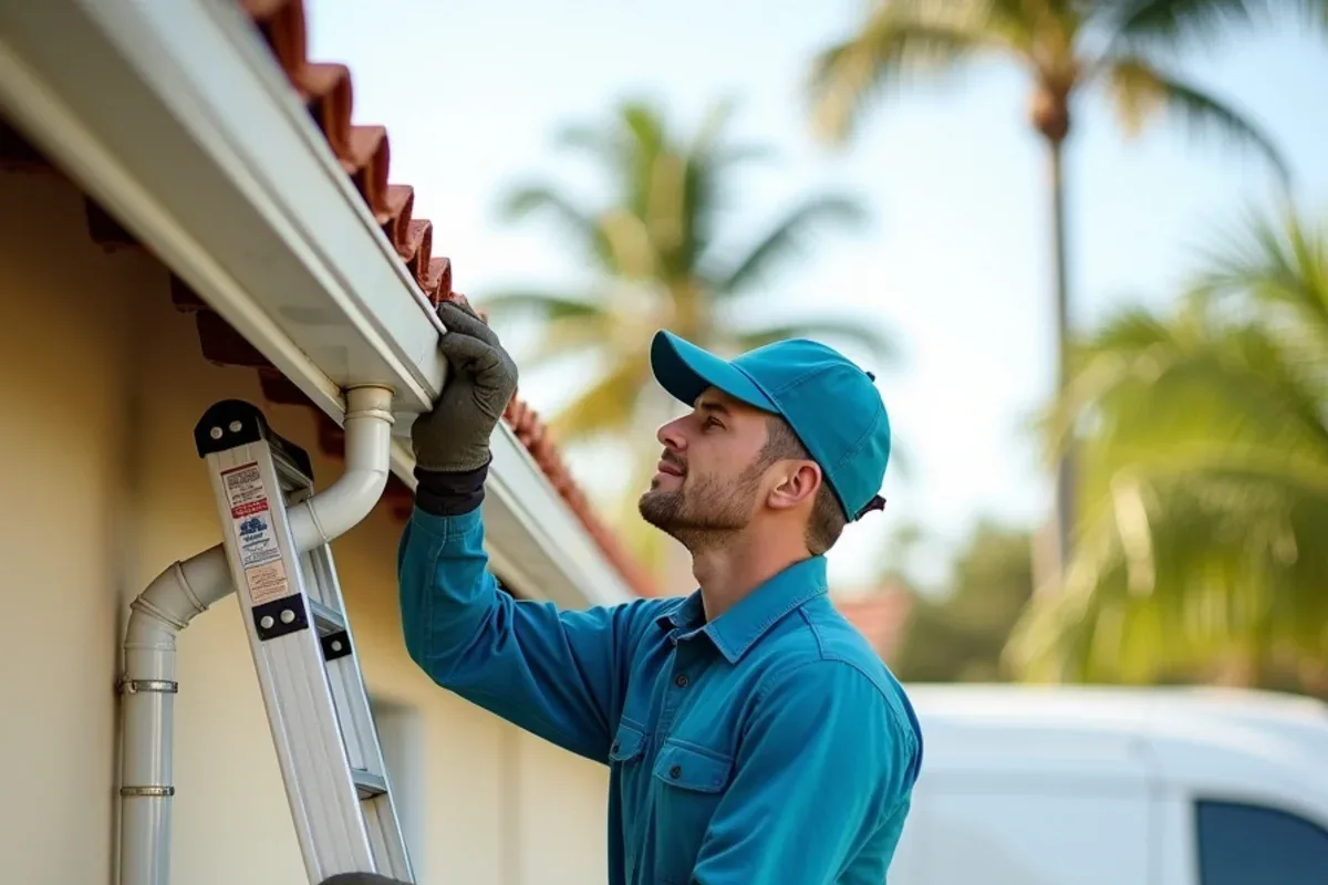 Technician on a stabilized ladder cleaning a gutter below barrel tile without stepping on it