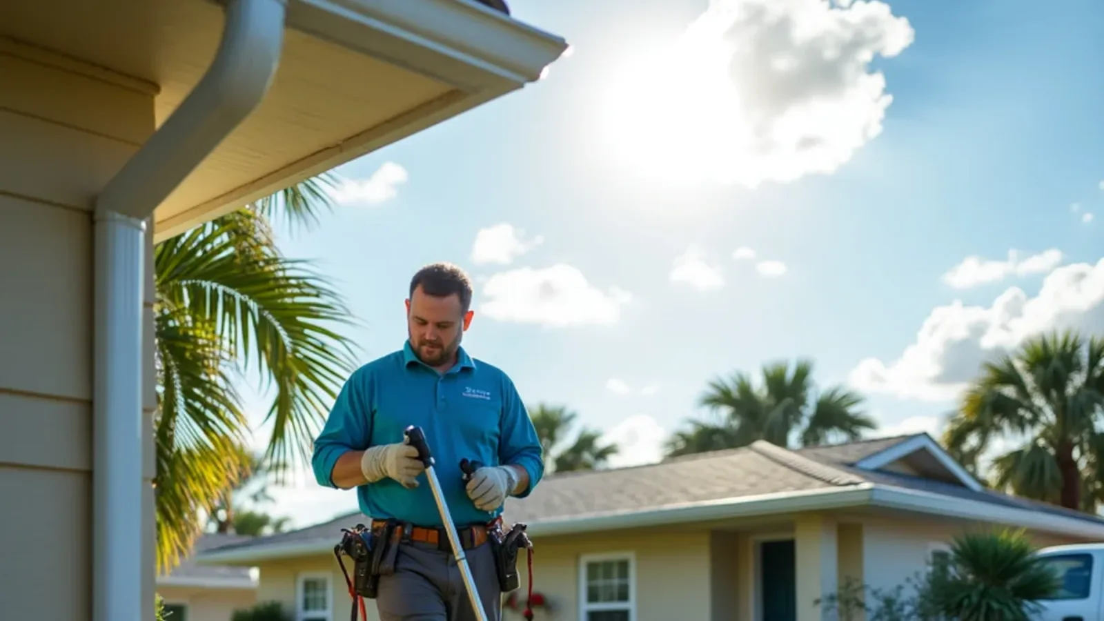Downspout connected to a buried drain line running across a flat South Florida lawn
