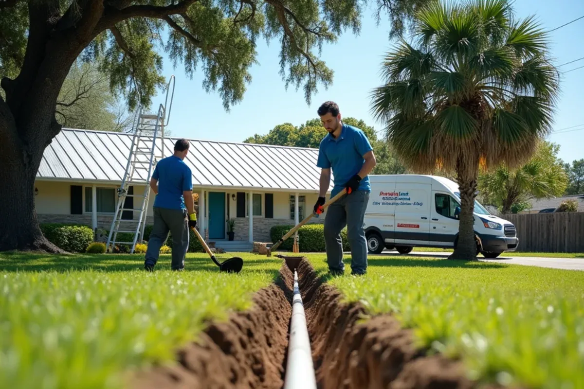 Long shallow drainage trench running across a wide rural lawn toward a grassy swale
