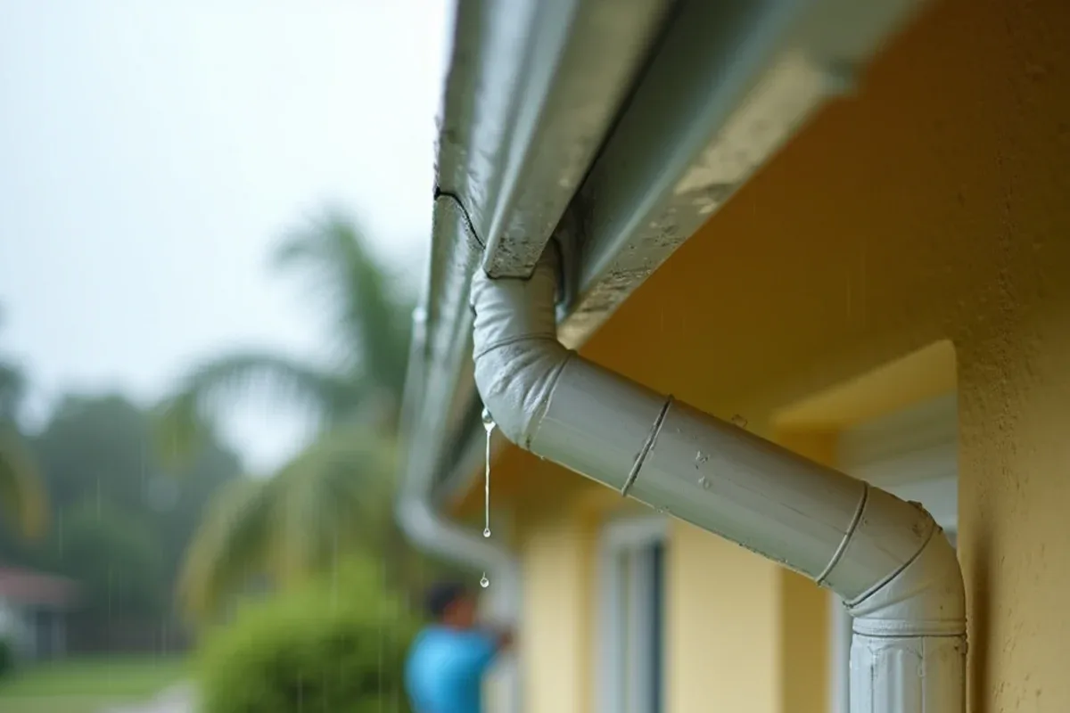 Line of raindrops falling between the back of a gutter and a stucco wall