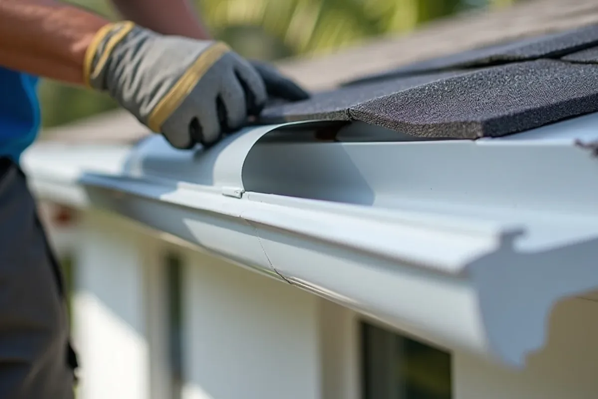 L-shaped gutter apron flashing tucked under roof shingles and lapping into a gutter