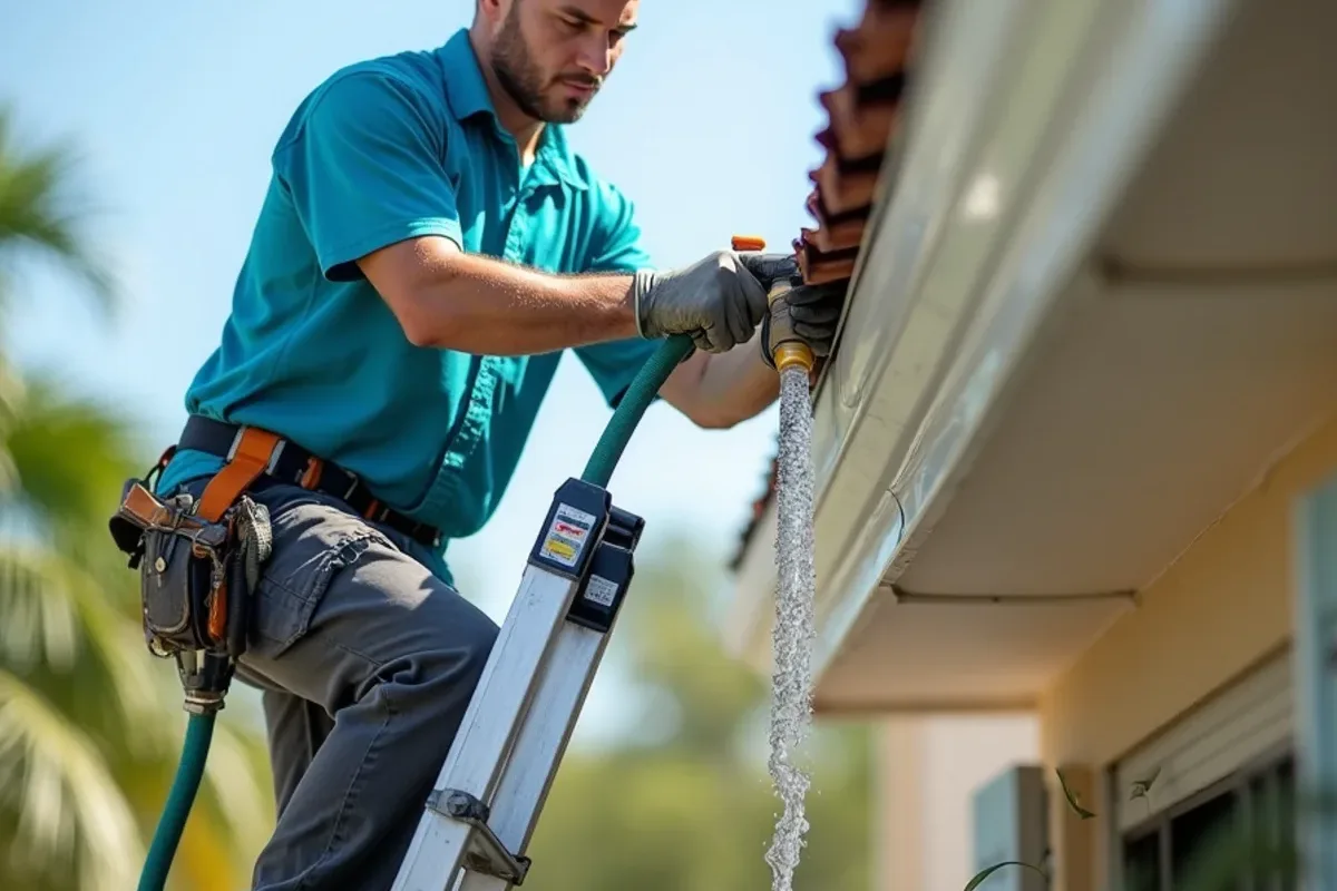 Repair technician running a hose on the roof edge to check the gutter back for drips