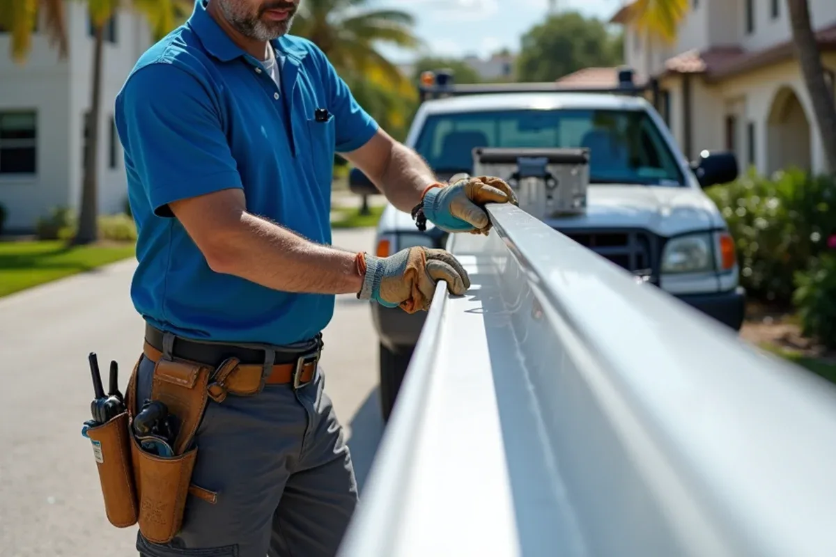 Crew feeding painted aluminum coil through a seamless gutter machine parked on a residential driveway