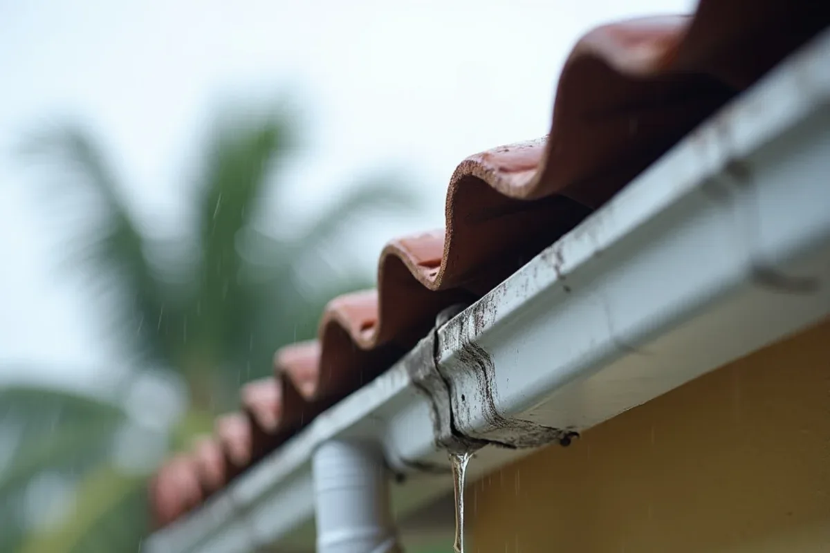 Aging sectional gutter joint dripping rainwater and staining the painted fascia board beneath it