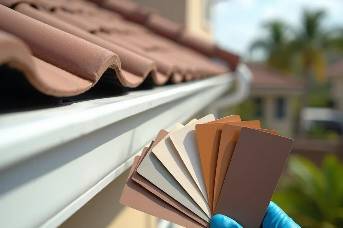 Hand holding a fan of aluminum gutter color chips against stucco and fascia trim