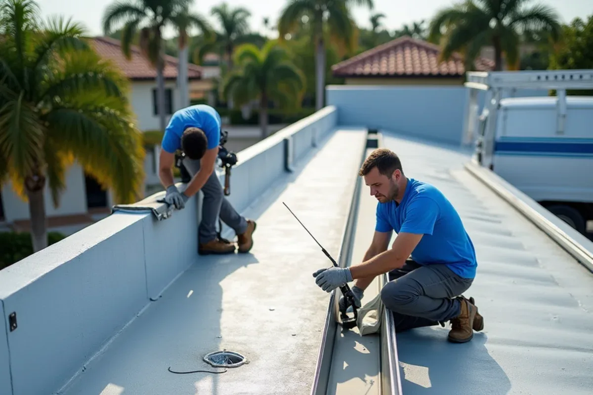 New aluminum box gutter section installed behind a parapet on a commercial flat roof