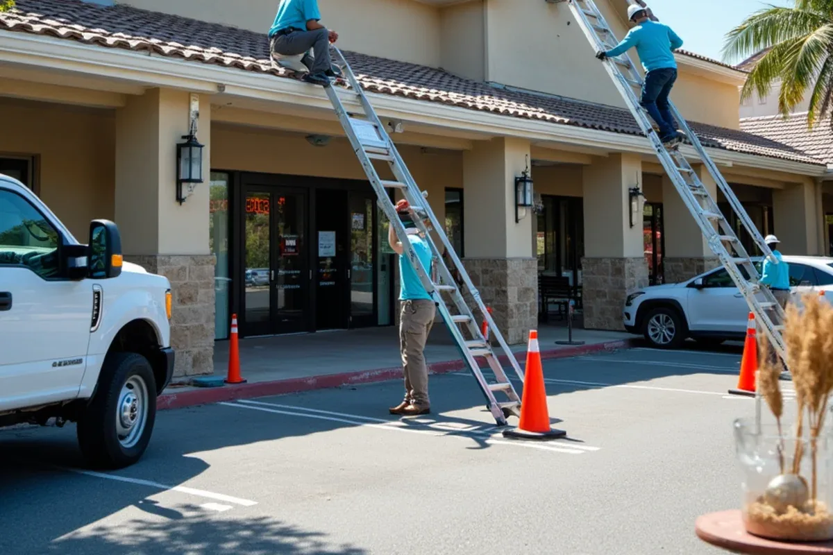 Crew installing new gutters on one plaza elevation while the storefront entrance stays open