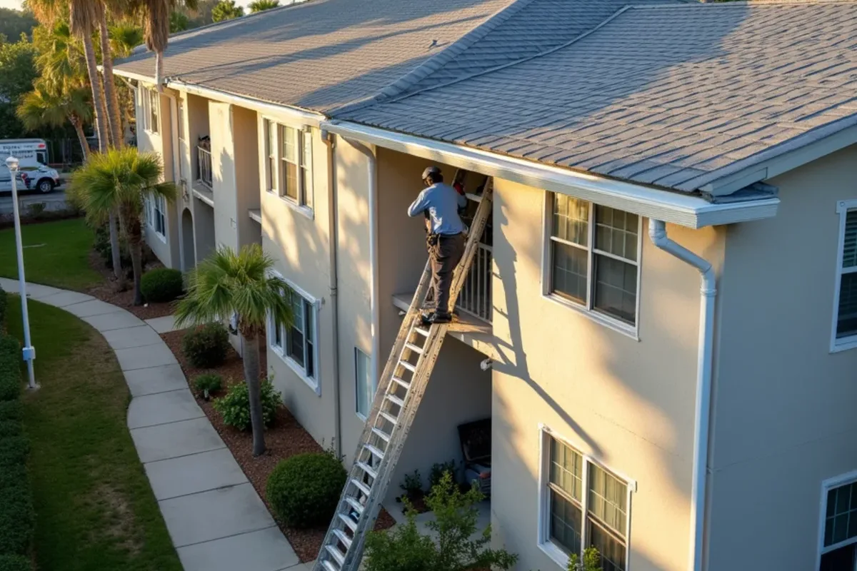 Finished seamless gutters and downspouts on a three-story garden apartment building